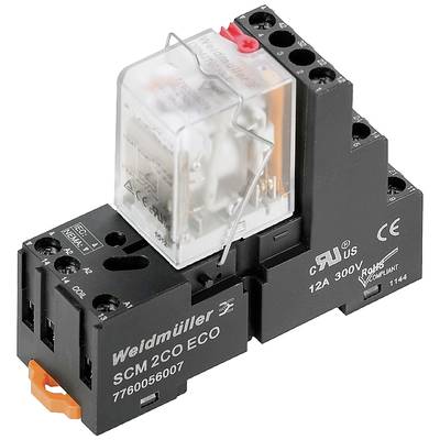 Obrázok zobrazuje čierne elektrické relé značky Weidmüller, model SCM 2CO ECO, s priehľadným krytom.