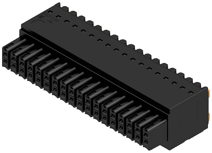 Čierny viacpólový konektor zobrazený z boku, určený na elektrické prepojenie v technických aplikáciách.