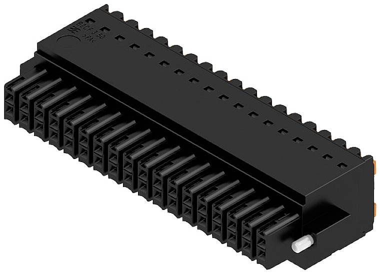 Čierny elektrický konektor s viacerými kolíkmi, ktorý je možné zabudovať do technických zariadení.