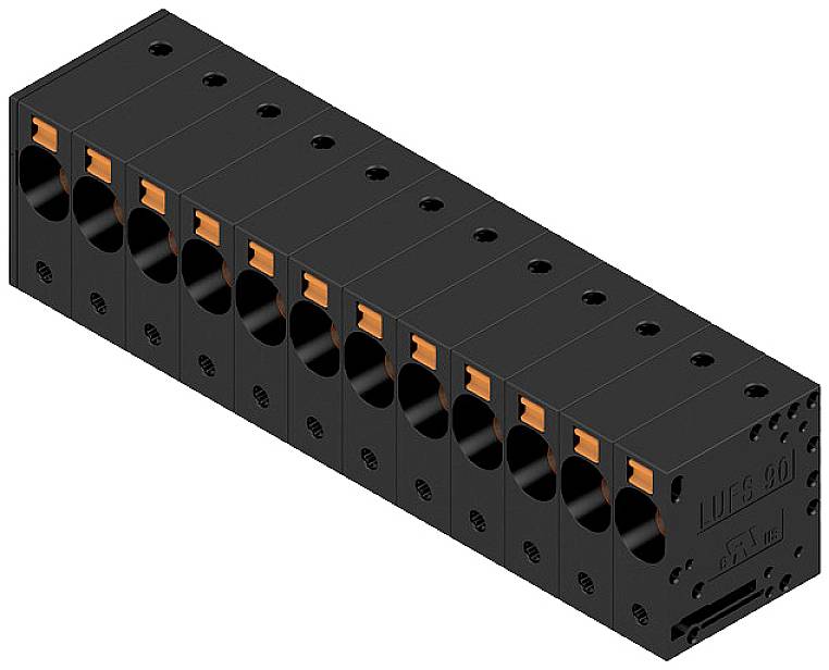 Čierny elektrický konektor s viacerými kruhovými prípojkami a oranžovými svorkami na hornej strane.