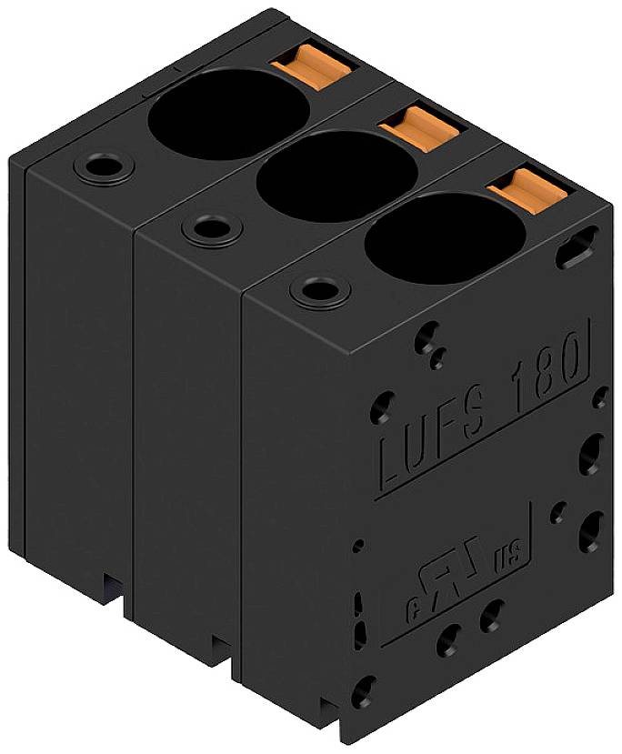 Trojpólový, čierny elektrický konektor s nápisom 'LUFS 180' na boku.