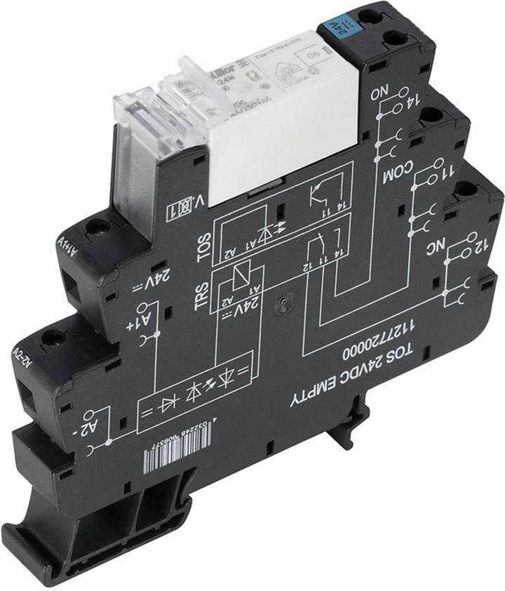 Elektrický relé modul s viacerými svorkami a vytlačenou schémou pre inštaláciu v elektrických riadiacich obvodoch.