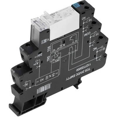 Elektrický relé modul s viacerými svorkami a vytlačenou schémou pre inštaláciu v elektrických riadiacich obvodoch.