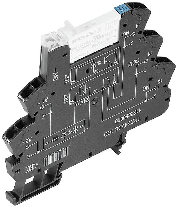 Elektronický relé modul so schematickým popisom zapojenia na povrchu, zobrazuje svorky a funkcie.