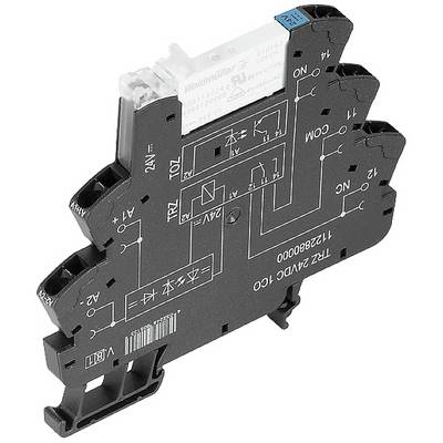 Elektronický relé modul so schematickým popisom zapojenia na povrchu, zobrazuje svorky a funkcie.