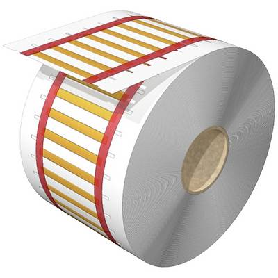 Veľká rolka s papierovými pásikmi v oranžovej a červenej farbe na výrobu jednorazových ventilov. Papier sa ťahá zvisle cez rolku.
