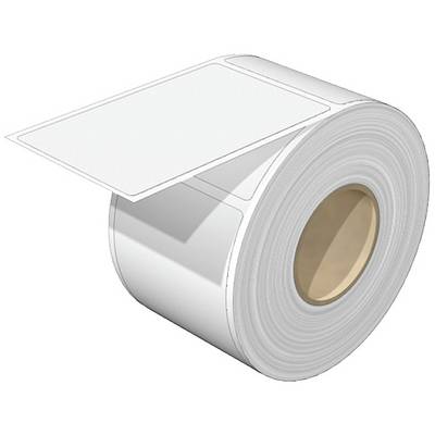 Rolka bielych etikiet s lepiacim povrchom, vhodná na popis alebo označovanie predmetov.