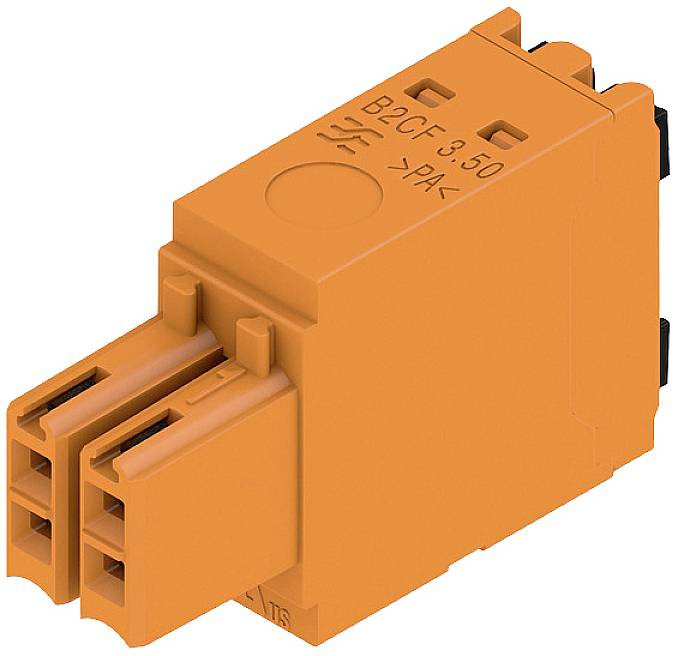 Oranžový elektrický konektor s dvoma zásuvkami, na ktorom je napísané 'B2CF-3.50 PA'.