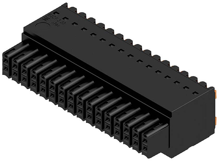 Čierny elektrický konektor s viacerými prípojnými miestami, zobrazený z bočnej strany. Používa sa v elektronických zariadeniach.