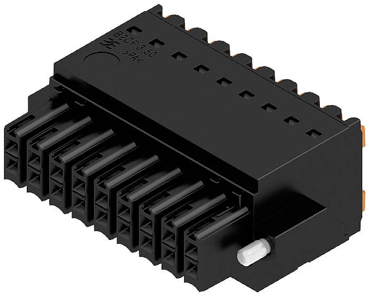 Čierny elektrický konektor s viacerými zásuvkami, pravdepodobne určený pre použitie v elektronike alebo strojárstve.