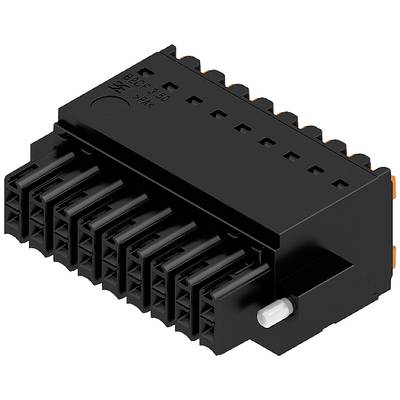 Čierny elektrický konektor s viacerými zásuvkami, pravdepodobne určený pre použitie v elektronike alebo strojárstve.