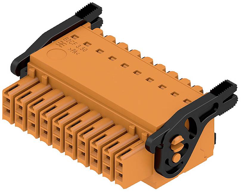 Oranžový elektrický konektor s viacerými pinmi a čiernymi upevňovacími svorkami, vhodný pre priemyselné aplikácie.