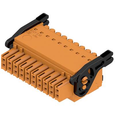 Oranžový elektrický konektor s viacerými pinmi a čiernymi upevňovacími svorkami, vhodný pre priemyselné aplikácie.