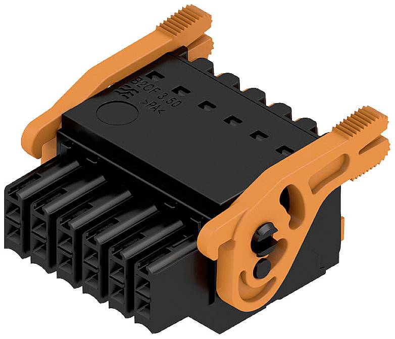 Čierny elektrický konektor s viacerými kolíkmi, zaistený oranžovými pákami na oboch stranách.