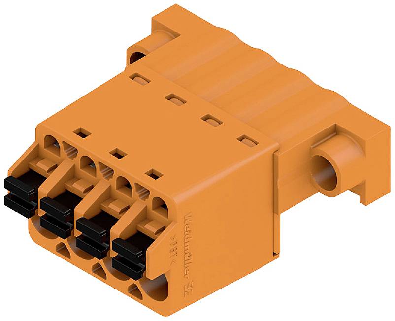 Oranžová elektrická zástrčka s viacerými prípojkami, vhodná pre priemyselné aplikácie.