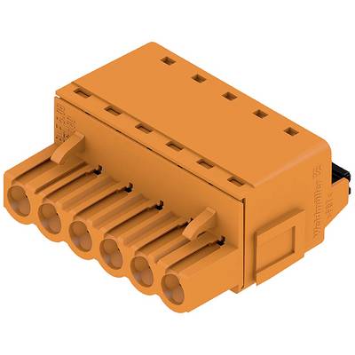 Oranžový elektrický konektor so šiestimi kontaktnými otvormi, vhodný na prepojenie vodičov v elektrických obvodoch.
