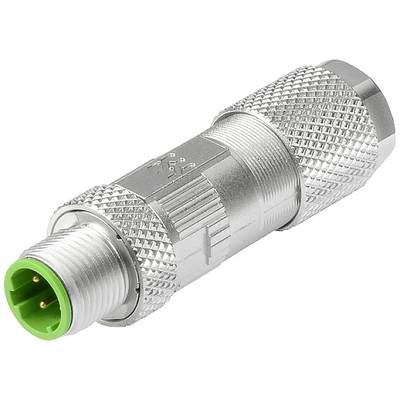Strieborný elektrický konektor so zeleným koncom a tromi kolíkmi, používaný pre priemyselné prepojenia a zapojenia.