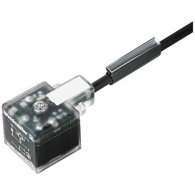 Štvorcový elektrický konektor s priehľadným krytom a čiernym káblom, pravdepodobne určený pre priemyselné použitie.