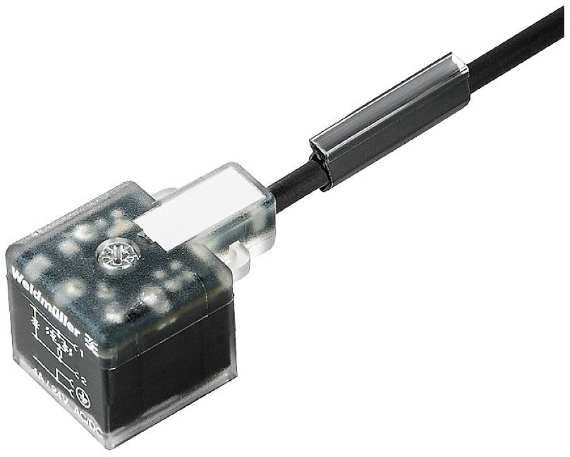 Priehľadný štvorcový elektrický senzor s pripájacím káblom a nápisom 'Weidmüller'.