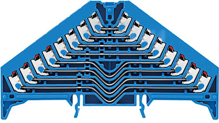 Obrázok modrého elektrického svorkovnicového bloku v trojuholníkovom tvare, s viacerými spojovacie prvkami v symetrickom usporiadaní.