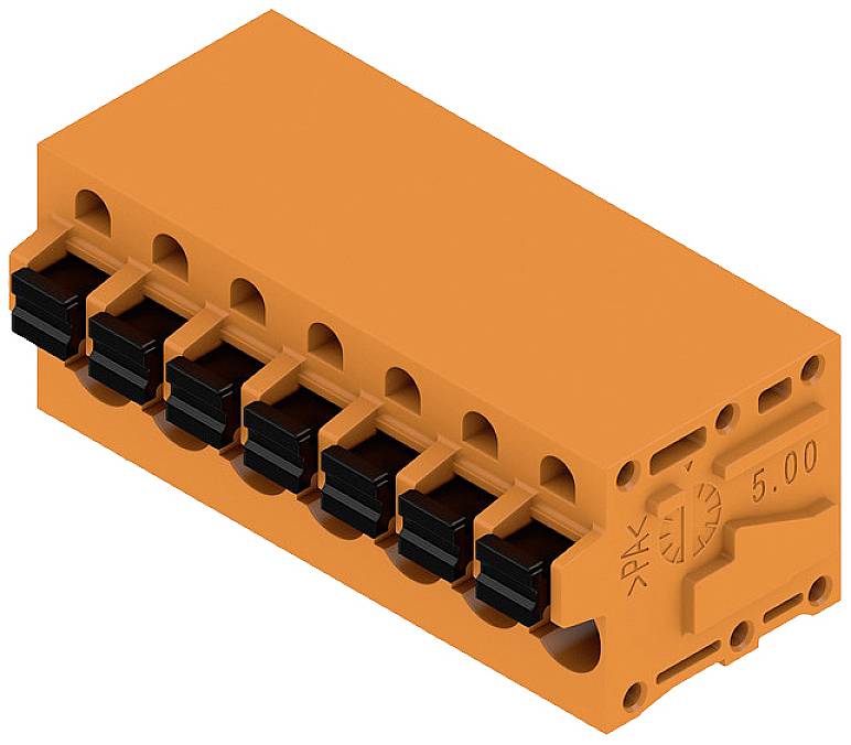 Oranžový elektrický konektor má šesť čiernych svoriek a je navrhnutý pre menovitý prúd 5 A.