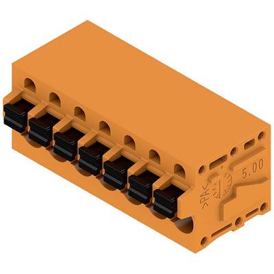 Oranžový elektrický konektor má šesť čiernych svoriek a je navrhnutý pre menovitý prúd 5 A.