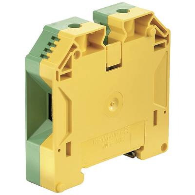 Žlto-zelený elektrický svorkovnicový blok, ktorý sa používa na bezpečné prepojenie vodičov v elektrických rozvádzačoch.