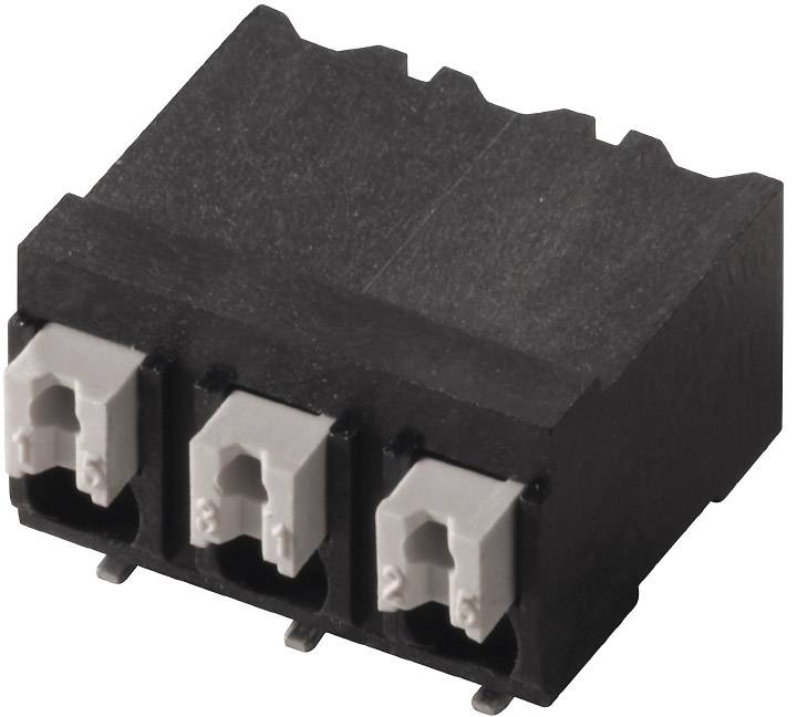 Čierny trojpólový konektor so sivými svorkami pre elektronické prepojenia, umiestnený na bielom pozadí.