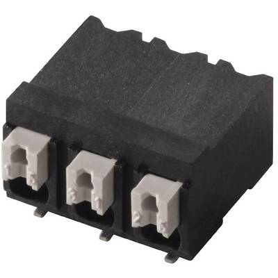 Čierny trojpólový konektor so sivými svorkami pre elektronické prepojenia, umiestnený na bielom pozadí.