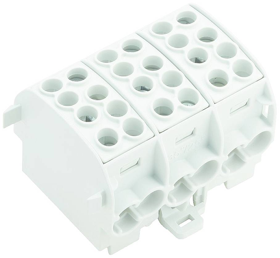 Biely trojradový elektrický pripojovací blok s viacerými pripojovacími otvormi, vhodný pre účely zapojenia v elektrických inštaláciách.