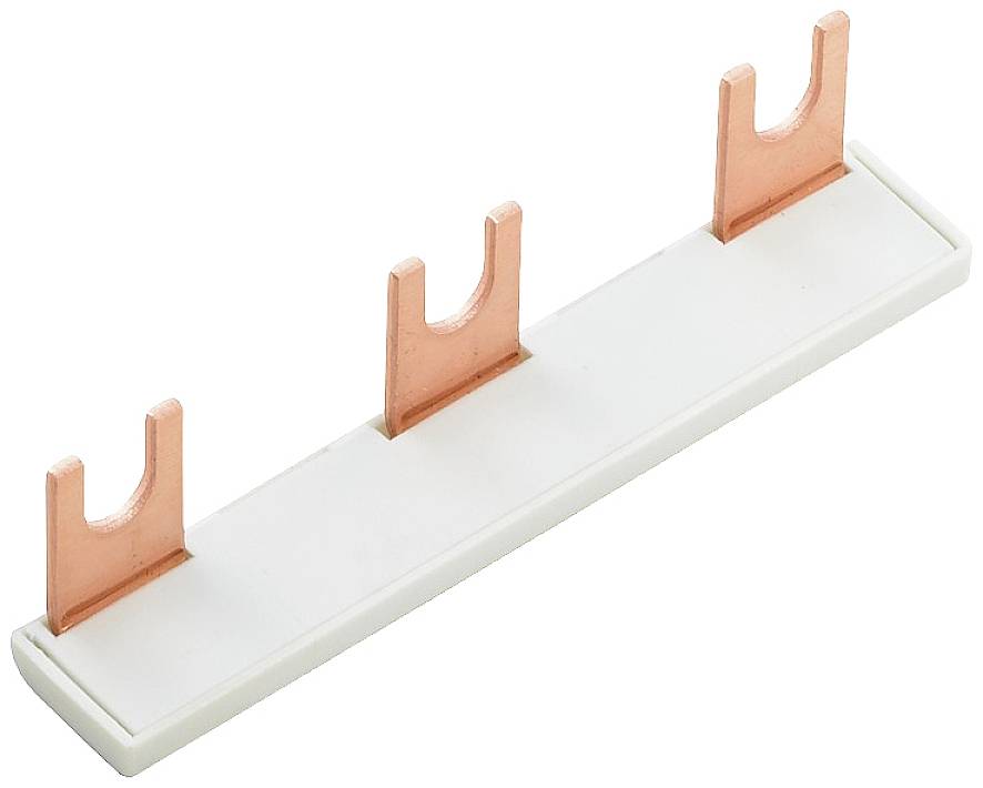 Biely, plochý držiak s tromi medeno-farbenými, U-tvarovanými kontaktmi pre elektronickú montáž.