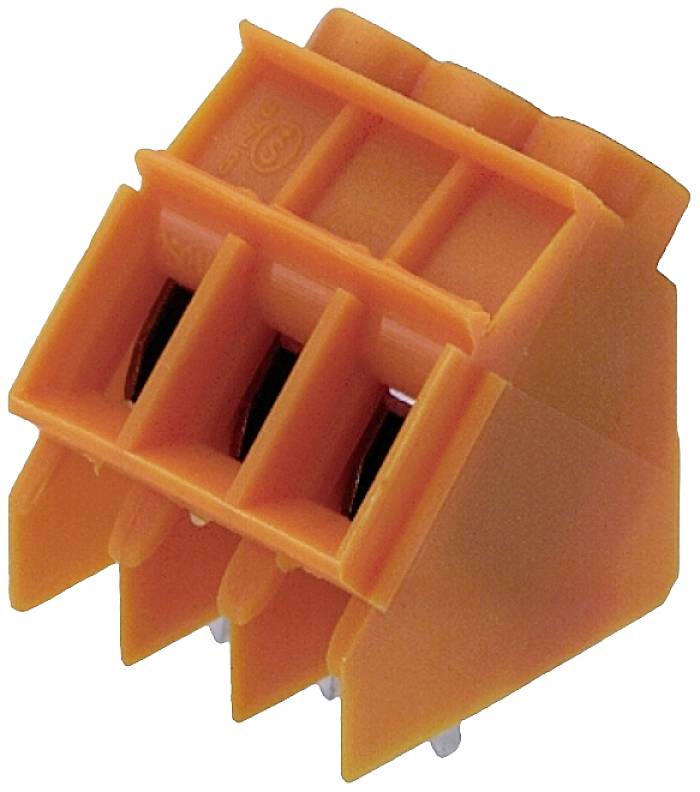 Oranžový konektor s tromi zásuvkami, kompaktná konštrukcia, vhodný pre elektrické prepojenia.