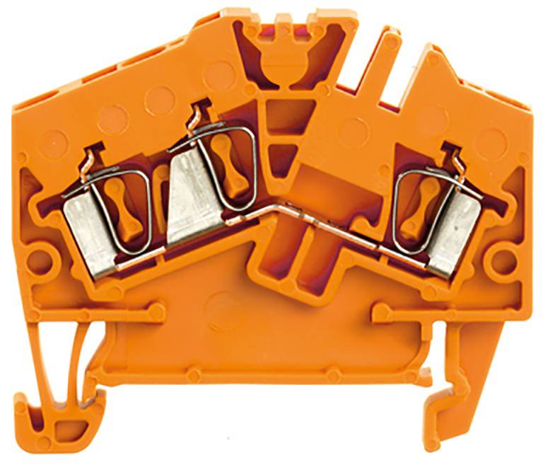 Oranžový elektrický konektor s kovovými kontaktmi a tlakovým mechanizmom, používaný na prepojenie káblov v elektrických inštaláciách.