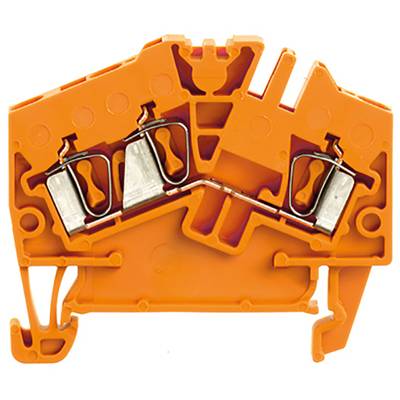 Oranžový elektrický konektor s kovovými kontaktmi a tlakovým mechanizmom, používaný na prepojenie káblov v elektrických inštaláciách.