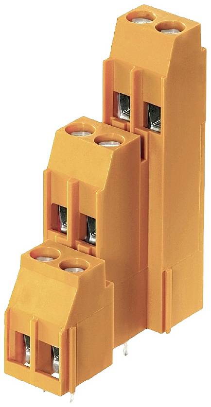 Oranžové elektrické konektory v trojstupňovej zostave s dvoma kontaktmi na každom stupni, každý so striebornou skrutkovacou svorkou.