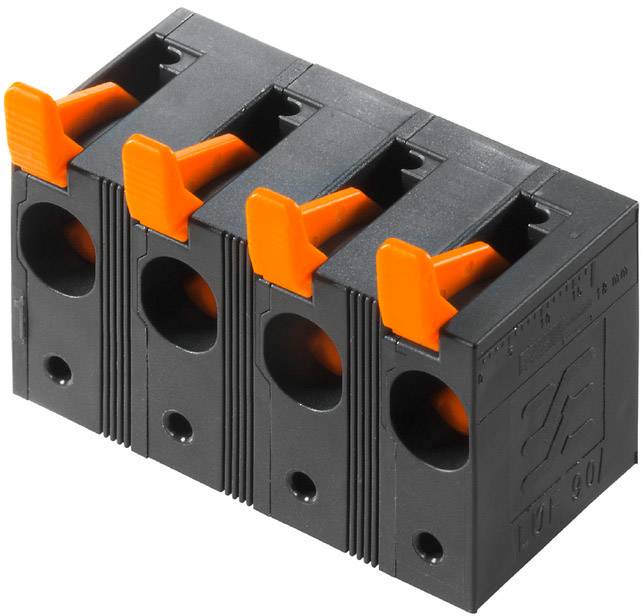 Čierny a oranžový elektrický konektor so štyrmi kontaktmi, vhodný pre drôtové prepojenia a distribúciu.
