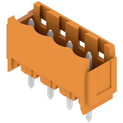 Oranžový konektor s viacerými kovovými kolíkmi, pravdepodobne používaný pre elektronickú montáž.