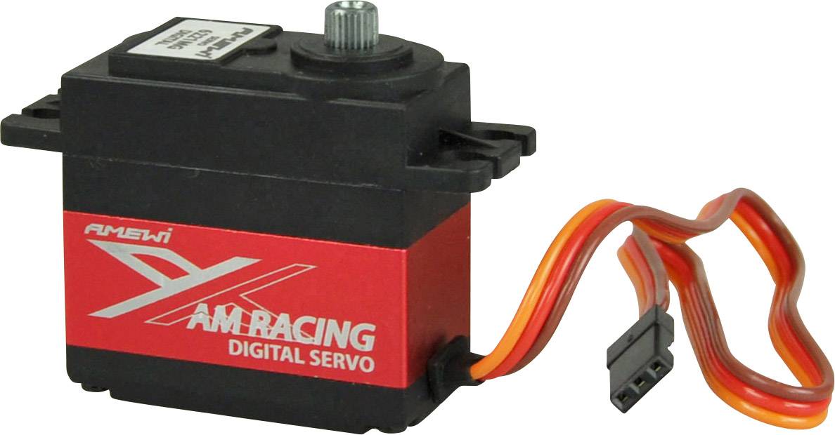 Amewi AM-Racing digitálny servo v čiernej a červenej farbe, vrátane kábla a konektora.