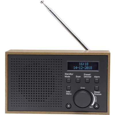 Klasicky navrhnuté drevené rádio s čiernym ovládacím panelom, LCD displej zobrazuje čas '16:18' a dátum '14-12-2018'. Vysunutá anténa je viditeľná.