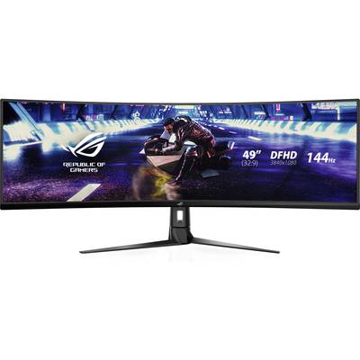 Ultraširokouhlý herný monitor zobrazuje futuristickú pretekársku hru s ostrými grafickými detailmi. Vľavo je logo 'Republic of Gamers'.