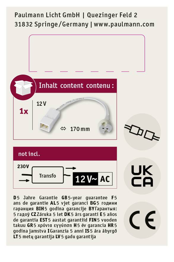 'Paulmann Licht GmbH, Quezinger Feld 2, 31832 Springe/Nemecko, www.paulmann.com'. Obrázok elektrického transformátora s 12V pripojením. Popis vo viacerých jazykoch. Prítomné symboly UKCA, CE a RoHS.