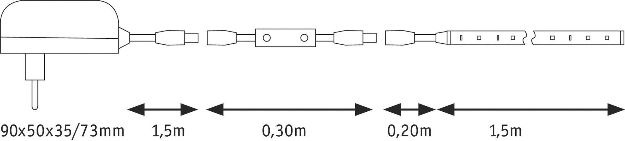 Diagram znázorňuje reťaz konektorov s údajmi o dĺžke: 1,5 m, 0,30 m, 0,20 m, 1,5 m. Jednotky sú označené v milimetroch.