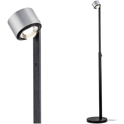 Štýlová čierna stojanová lampa s nastaviteľným kovovým tienidlom a okrúhlou základňou, vhodná do moderného interiéru.