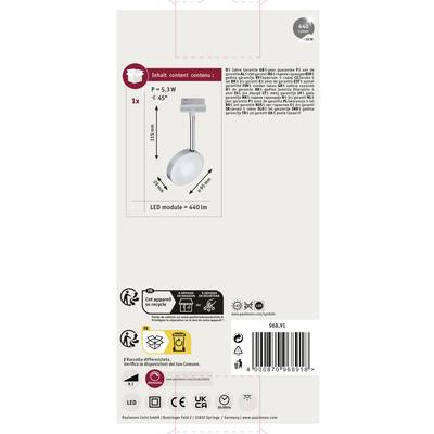 LED stropné svietidlo 'Paxamada': Balenie obsahuje 1 LED modul, 5,3W, 440 lm, uhol vyžarovania 45°, priemer 21,6 cm. Symboly pre recykláciu a štandardy kvality.