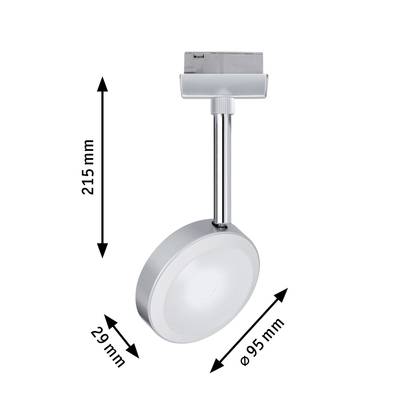 Strieborný LED stropný reflektor s celkovou dĺžkou 215 mm a priemerom 95 mm. Nastaviteľný krk s dĺžkou 29 mm.