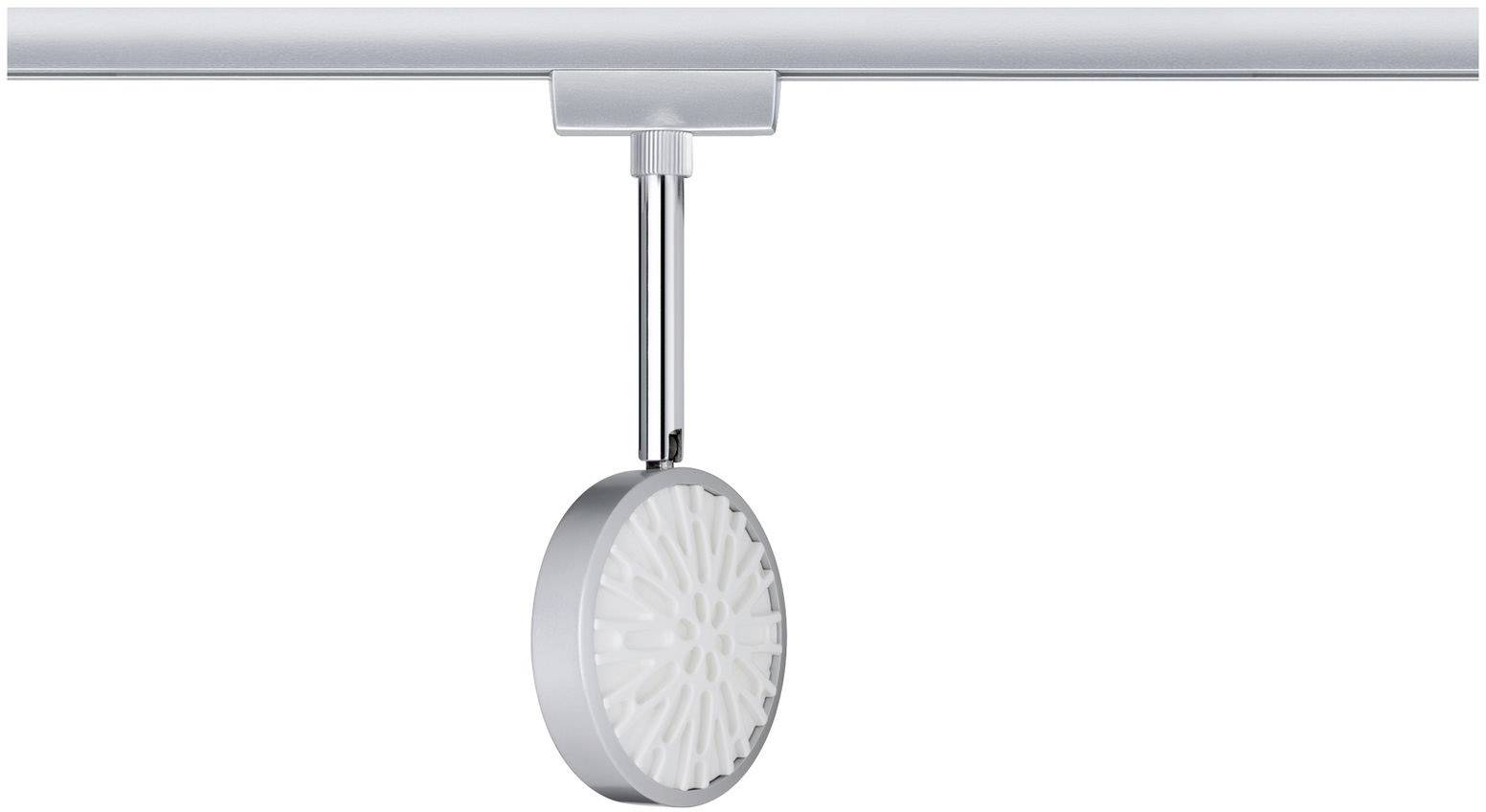 Striebornosivý LED reflektor v koľajnicovom systéme, ktorý zobrazuje diskový tvar svetla, vhodný pre modernú interiérovú osvetlenie.