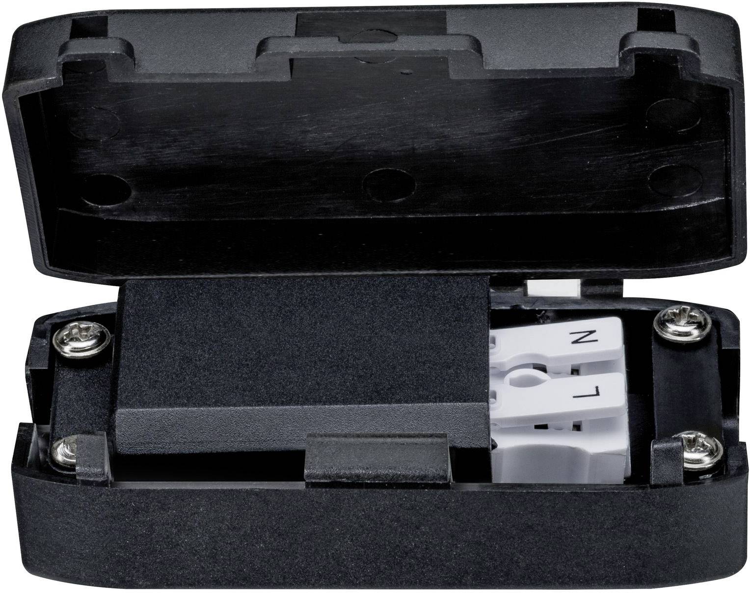 Otvorená čierna elektrická svorkovnica so viditeľnými skrutkami, ktorá zobrazuje dve skrutkové svorky a písmená 'L' a 'N'.