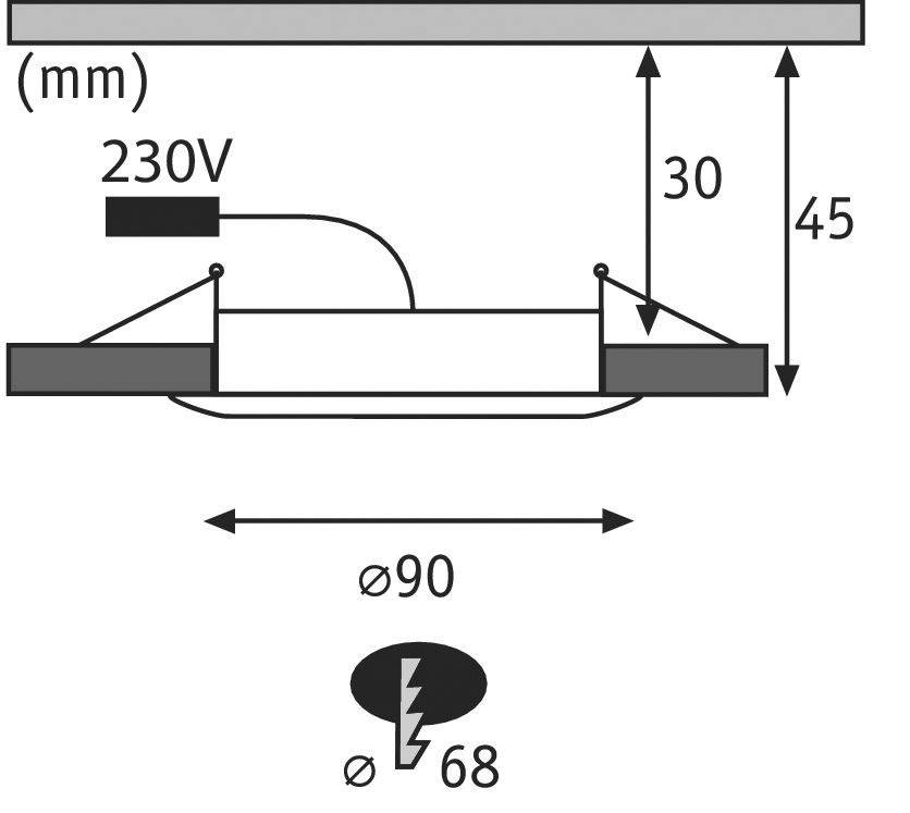 'Diagram vstavaného svietidla: Pripojenie 230V, celková hĺbka 45 mm, hĺbka zapustenia 30 mm, priemer 90 mm, priemer otvoru 68 mm.'