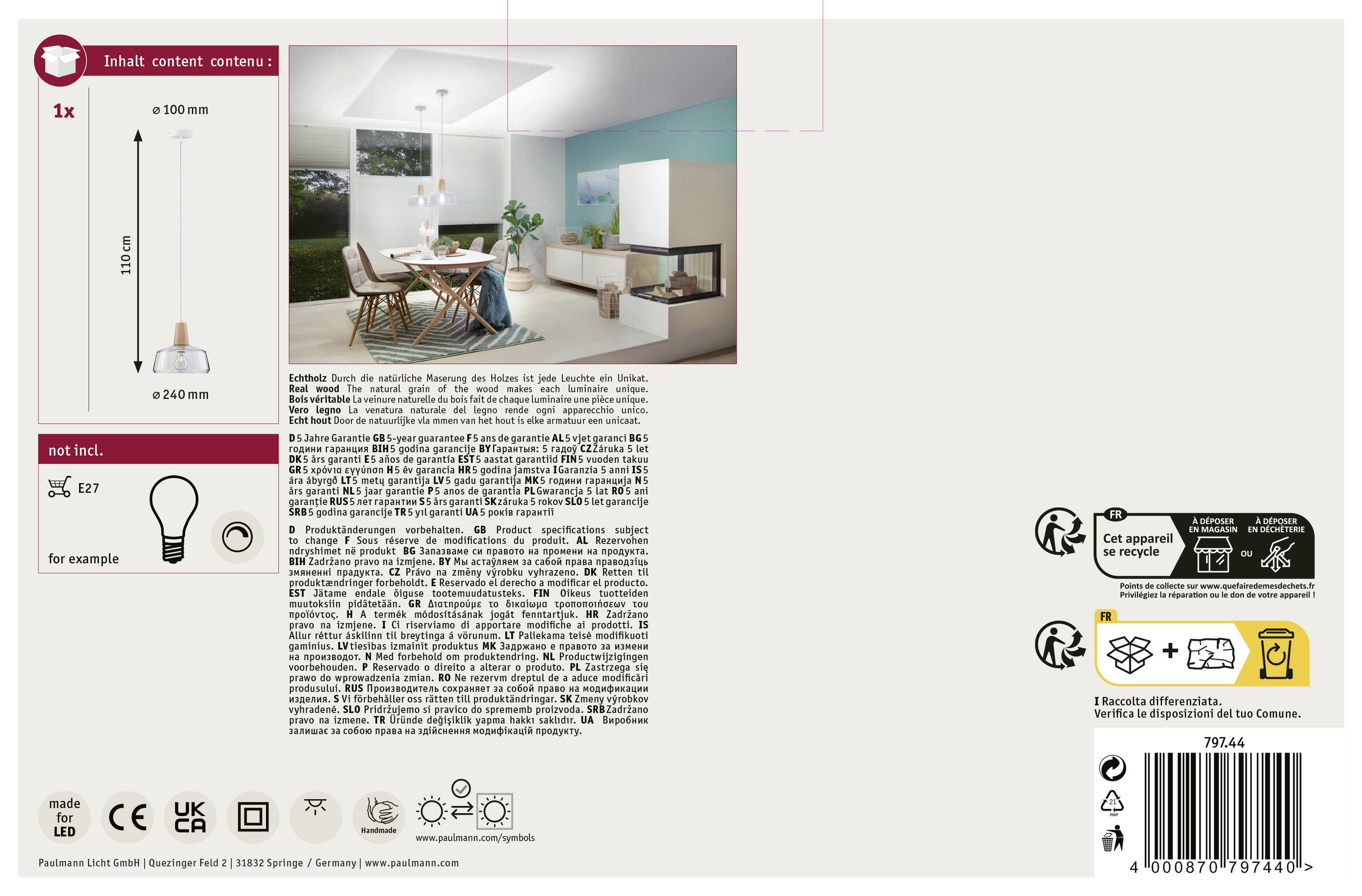 Here's the translation to Slovak:<br><br>Zadná strana obalu lampy, zobrazuje rozmery, príklad použitia v priestore, text v nemčine a angličtine, energetická trieda E.