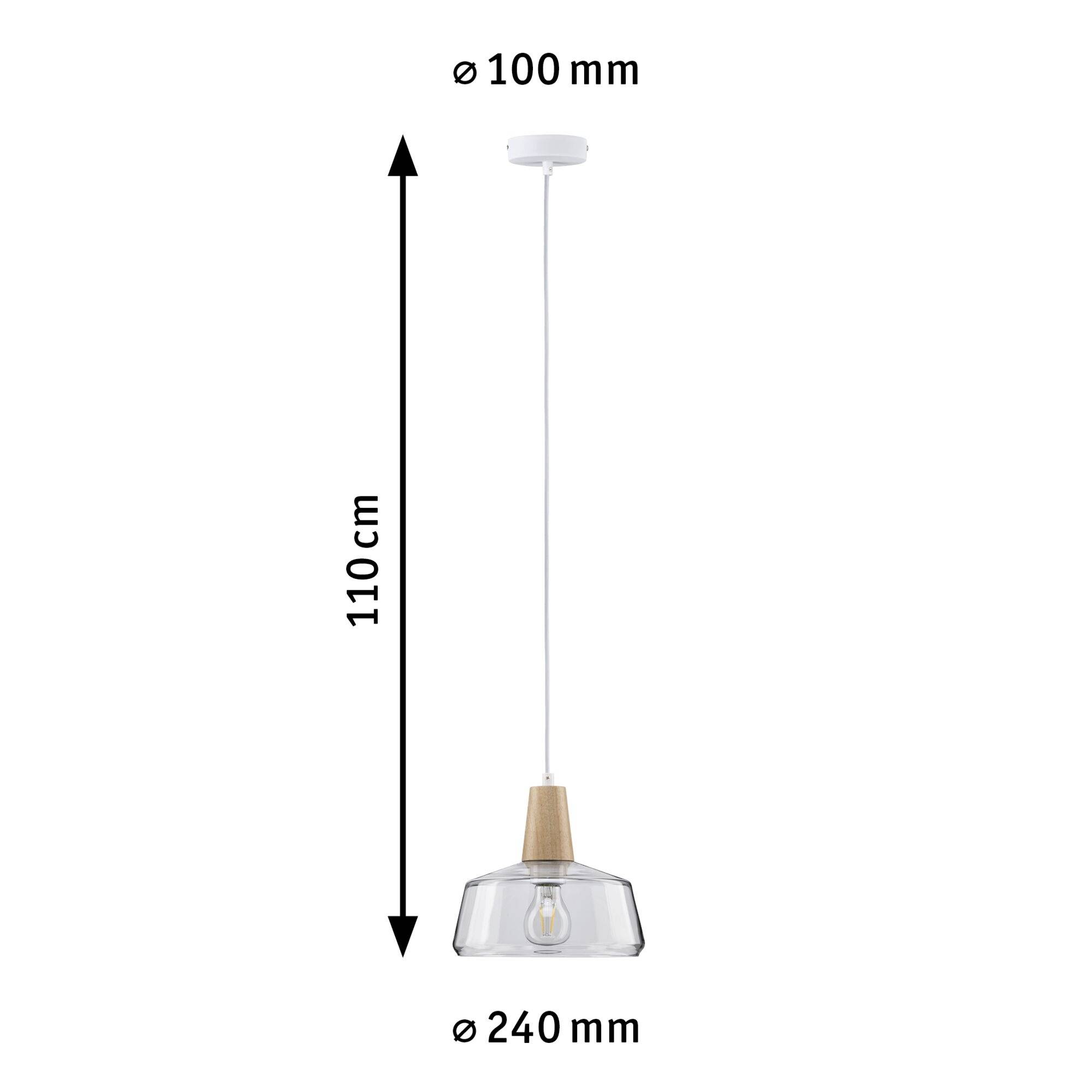 Závesná lampa s priehľadným tienidlom, 110 cm dlhá. Stropný úchyt Ø 100 mm, tienidlo Ø 240 mm. Drevené a kovové detaily.